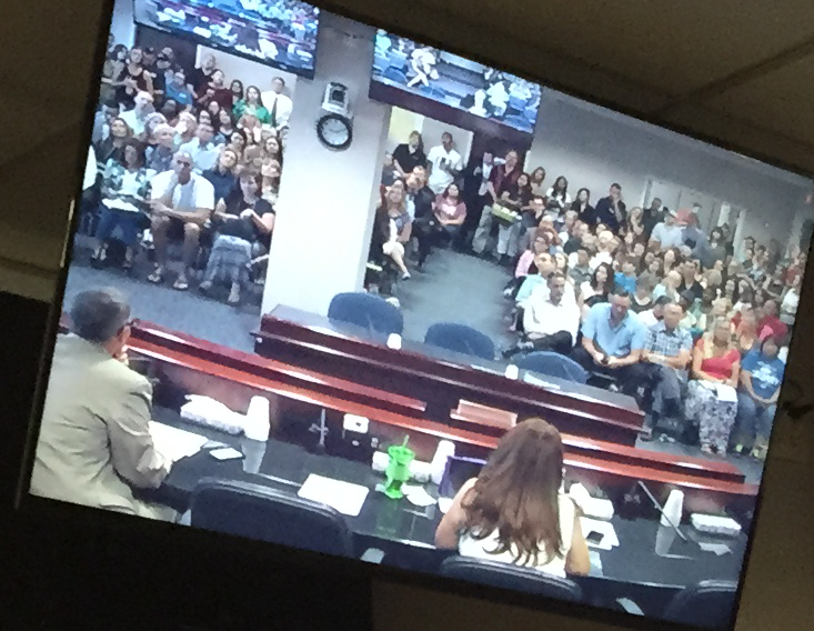 The standing-room-only Las Vegas attendance at July 17's Education Savings Account initial workshop. The back of Sen. Scott Hammond's head is seen at lower right, while Assistant State Treasurer Linda English is at right. 