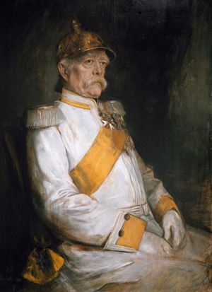 Portrait of Bismarck in his 75th year, more or less concurrent with his 1890 dismissal from the German chancellorship. One of several painted by Franz von Lenbach, this one portrays Bismarck again in the white uniform of a Magdeburg Cuirassier.